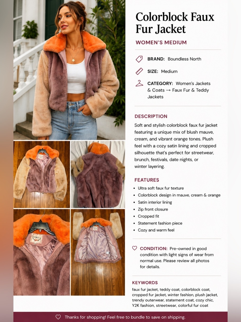Colorblock Faux Fur Jacket Women’s Medium Plush Cropped Statement Coat - Picture 1 of 9